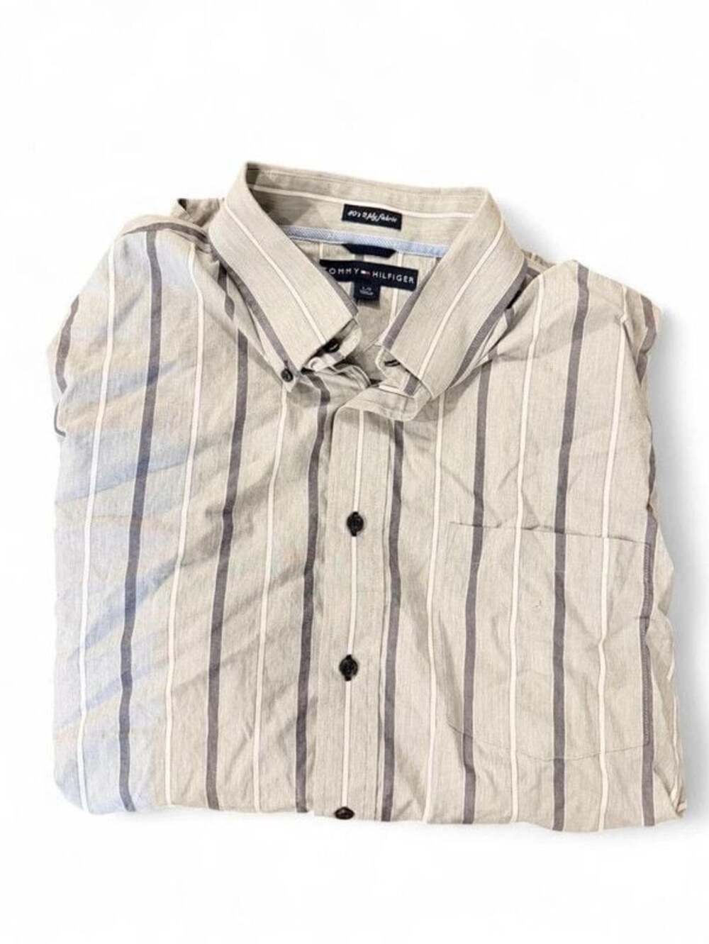 Vintage Tommy Hilfiger Men’s Large Beige & Gray Striped Button-Up Shirt
